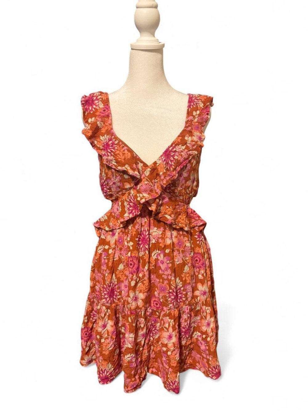 Arizona Jean Company Rust Orange Dress with Pink Floral Trim